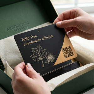 Dark green elegant box with metal arboretum signs wrapped in tissue paper.